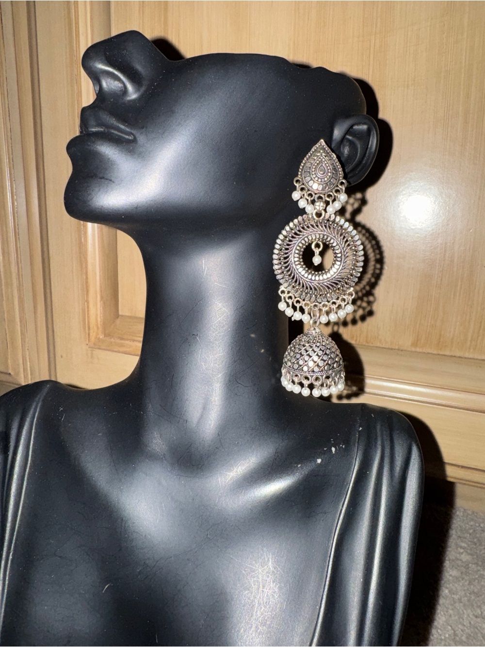 Intricate Silver-Tone Pearl Drop Jhumka Earrings - Women Jewelry